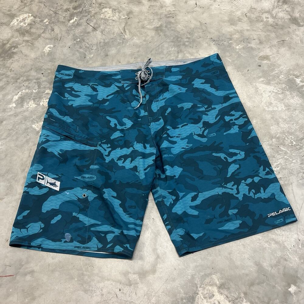 Pelagic 4 Tek Board Shorts Mens 40 Blue Camo Performance Offshore Fishing Gear